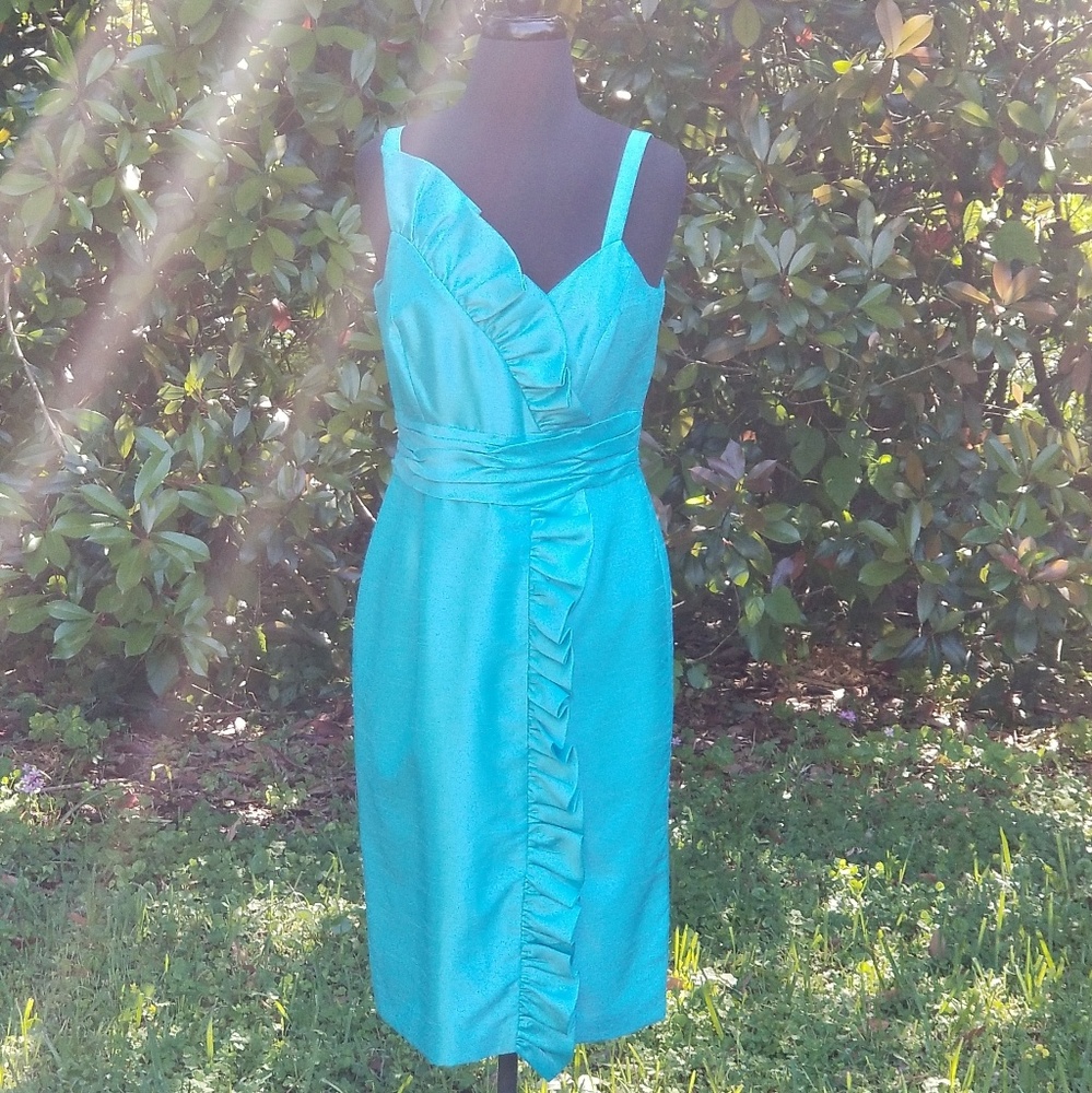 Evan Picone Ruffle Front Faux Wrap Blue Dress